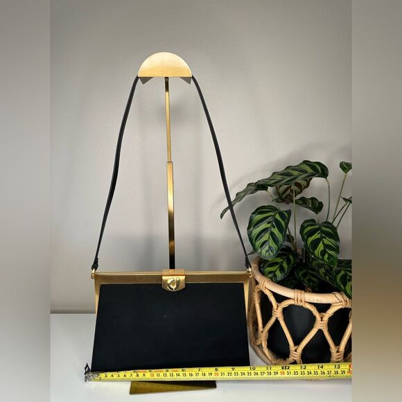Vintage Charles Jourdan Black Suede Frame Bag Gold Hardware Clutch Leather Strap - Picture 8 of 10